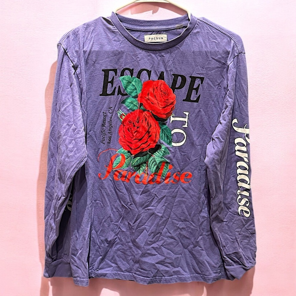 PacSun Los Angeles Lavender Long Sleeve with Red Rose Graphic MEDIUM